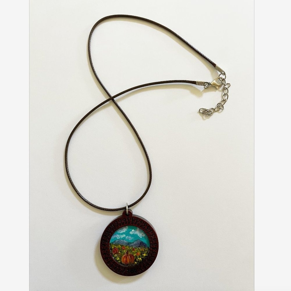 PUMPKIN PATCH Oil Painted Mini Necklace Handmade ONE OF A KIND Gift Art Farm